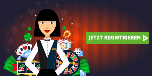 Casino Illustration mit Dealer Figur und grünem Registrieren Button